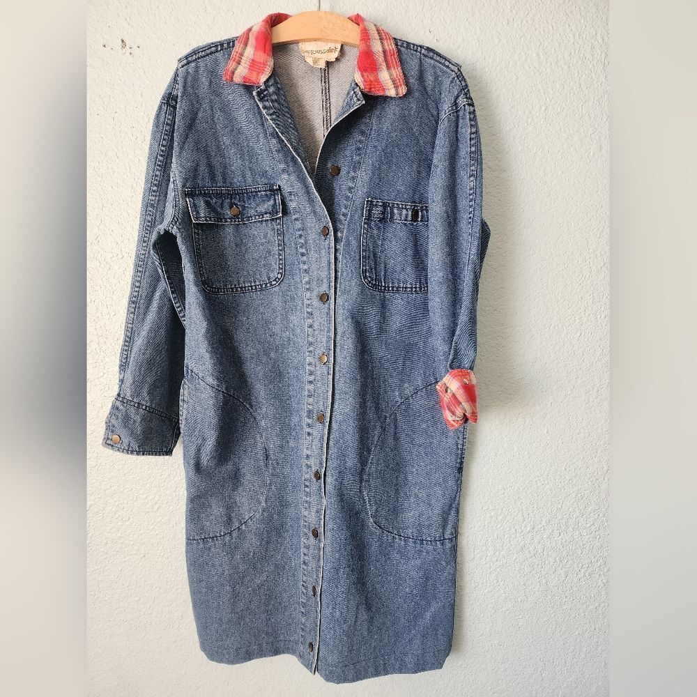 Toussaint Vintage Casual Denim Jacket Dress with Red Plaid Details